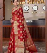 red red & gold-toned floral woven design zari organza saree
