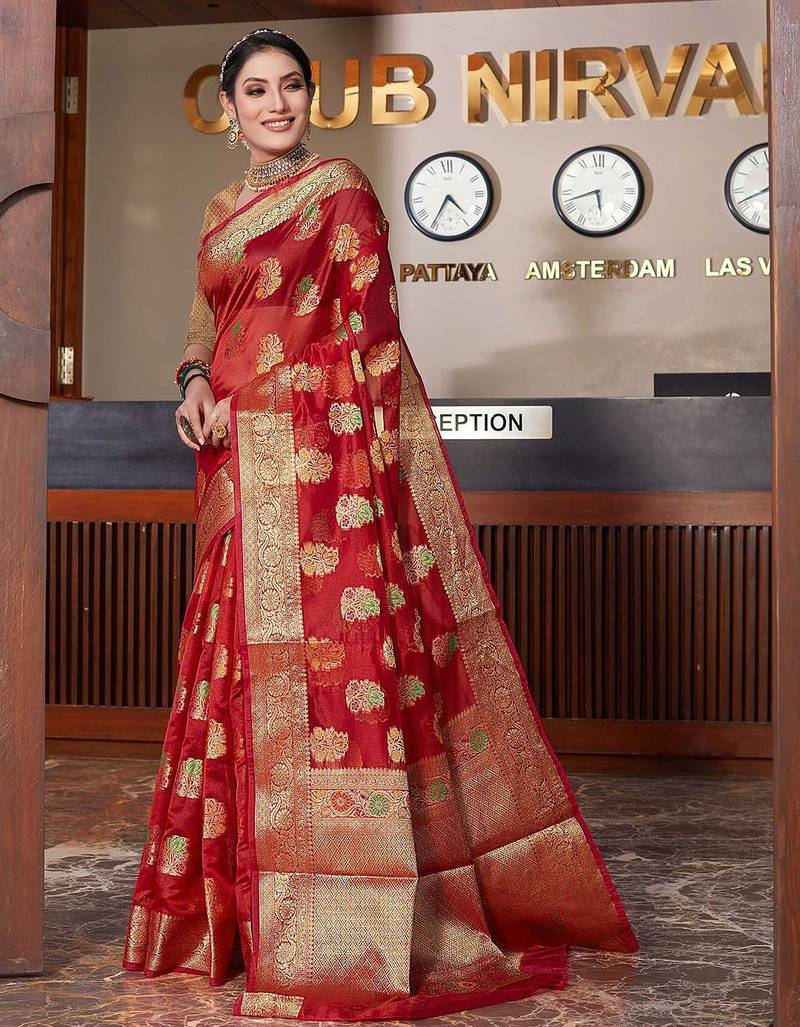 red red & gold-toned floral woven design zari organza saree