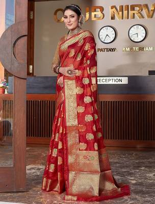 red red & gold-toned floral woven design zari organza saree 2