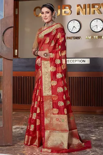 red red & gold-toned floral woven design zari organza saree