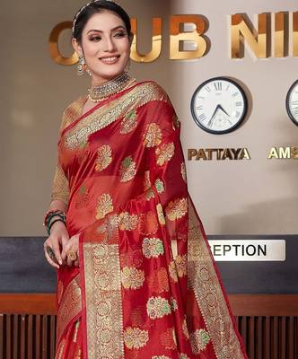 red red & gold-toned floral woven design zari organza saree 3