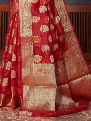 red red & gold-toned floral woven design zari organza saree 4