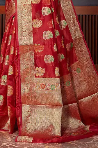 red red & gold-toned floral woven design zari organza saree