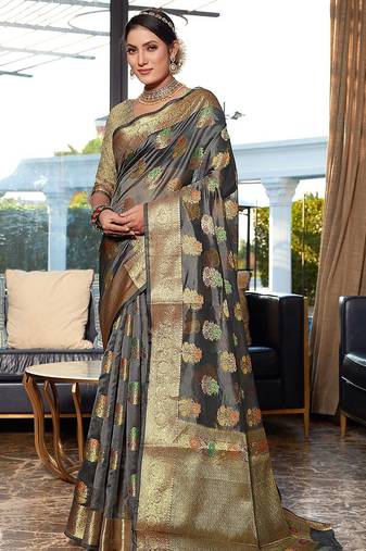 grey grey & red floral woven design zari organza saree