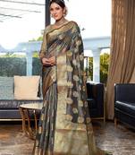 grey grey & red floral woven design zari organza saree