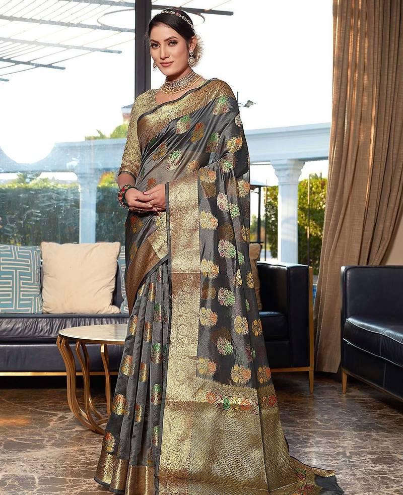 grey grey & red floral woven design zari organza saree
