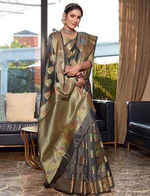 grey grey & red floral woven design zari organza saree 2
