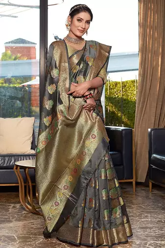 grey grey & red floral woven design zari organza saree