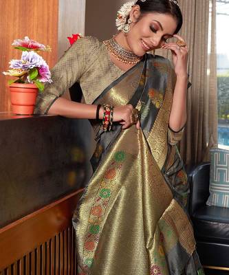 grey grey & red floral woven design zari organza saree 3