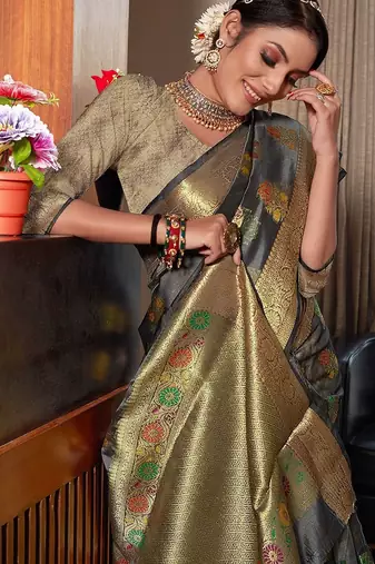 grey grey & red floral woven design zari organza saree