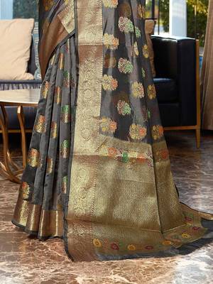 grey grey & red floral woven design zari organza saree 4