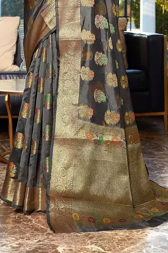 grey grey & red floral woven design zari organza saree