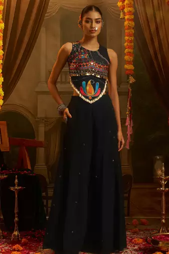 Alluring Black Sequins Georgette Navratri Wear Crop Top With Palazzo