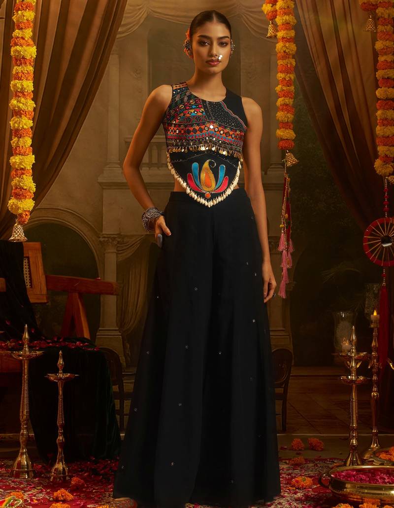 Alluring Black Sequins Georgette Navratri Wear Crop Top With Palazzo
