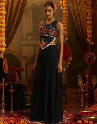Alluring Black Sequins Georgette Navratri Wear Crop Top With Palazzo 2