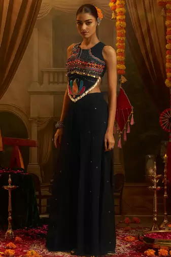Alluring Black Sequins Georgette Navratri Wear Crop Top With Palazzo