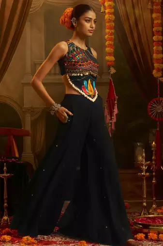 Alluring Black Sequins Georgette Navratri Wear Crop Top With Palazzo