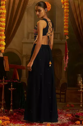 Alluring Black Sequins Georgette Navratri Wear Crop Top With Palazzo
