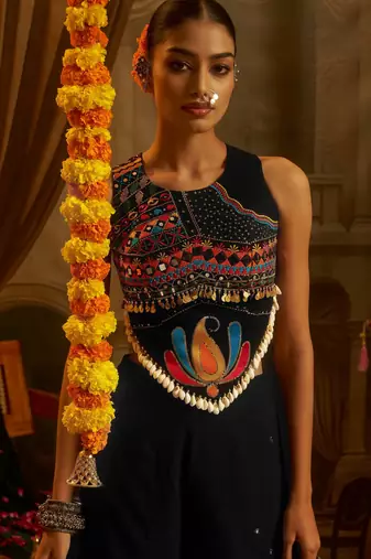 Alluring Black Sequins Georgette Navratri Wear Crop Top With Palazzo