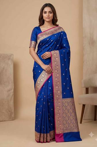 Blue floral zari booti semi kataan silk banarasi saree