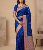 Blue floral zari booti semi kataan silk banarasi saree