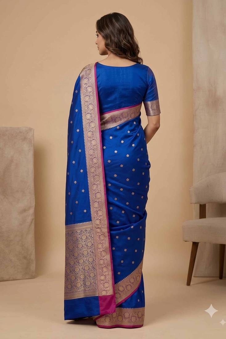 Blue floral zari booti semi kataan silk banarasi saree