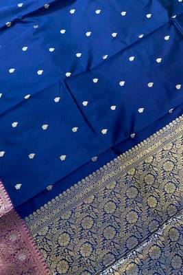 Blue floral zari booti semi kataan silk banarasi saree 3