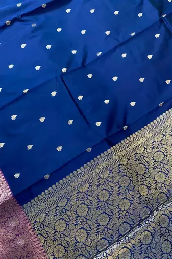 Blue floral zari booti semi kataan silk banarasi saree