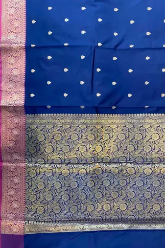 Blue floral zari booti semi kataan silk banarasi saree