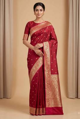 Maroon floral zari booti semi kataan silk banarasi saree 1