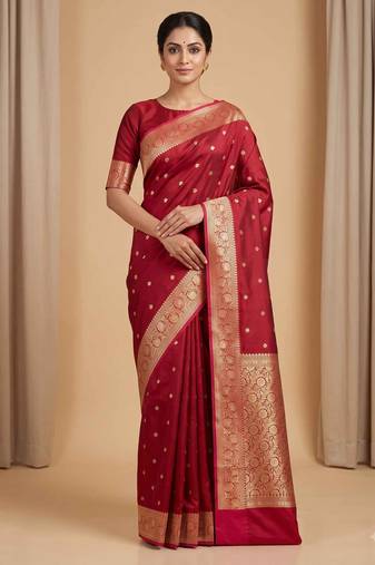 Maroon floral zari booti semi kataan silk banarasi saree