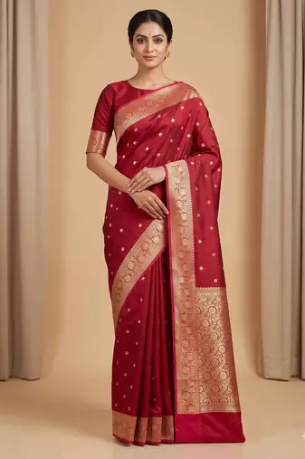 Maroon floral zari booti semi kataan silk banarasi saree