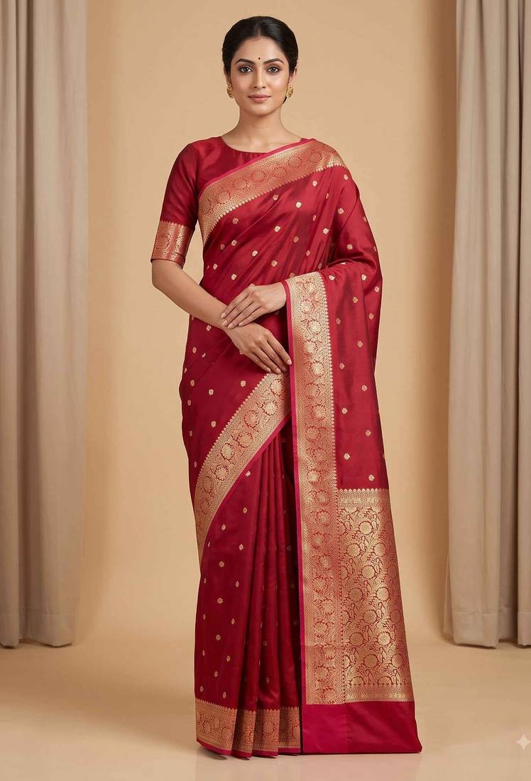 Maroon floral zari booti semi kataan silk banarasi saree