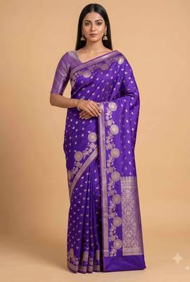 Blue floral zari booti semi silk banarasi saree 1