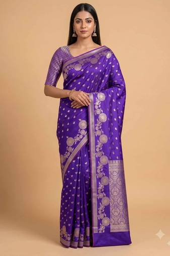 Blue floral zari booti semi silk banarasi saree