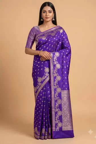 Blue floral zari booti semi silk banarasi saree