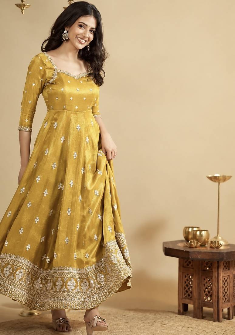 Mustard yellow thread sequins embroidered cosmo anarkali suit with pants & dupatta