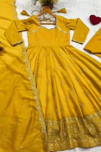 Mustard yellow thread sequins embroidered cosmo anarkali suit with pants & dupatta