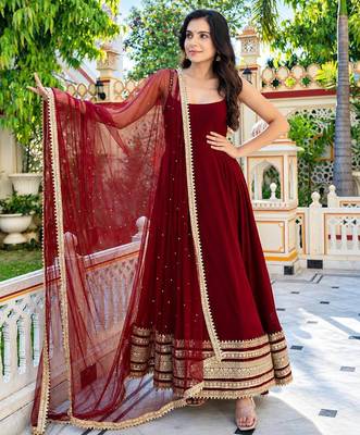 Maroon embroidered zari sequins faux blooming anarkali suit with dupatta 1