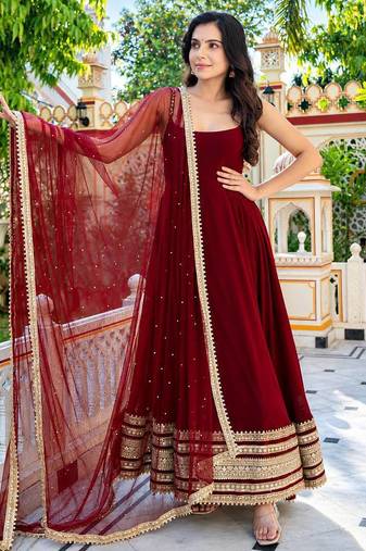 Maroon embroidered zari sequins faux blooming anarkali suit with dupatta