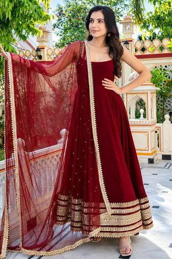 Maroon embroidered zari sequins faux blooming anarkali suit with dupatta