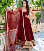 Maroon embroidered zari sequins faux blooming anarkali suit with dupatta