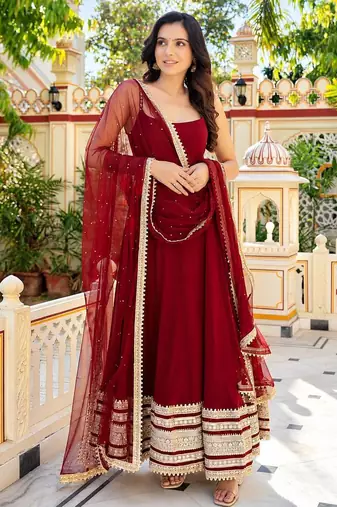 Maroon embroidered zari sequins faux blooming anarkali suit with dupatta