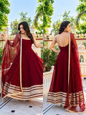 Maroon embroidered zari sequins faux blooming anarkali suit with dupatta 3