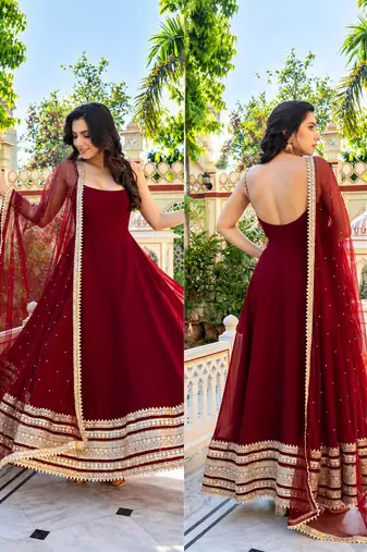 Maroon embroidered zari sequins faux blooming anarkali suit with dupatta