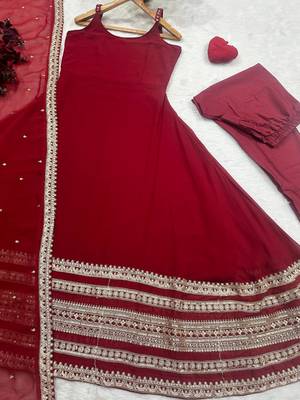 Maroon embroidered zari sequins faux blooming anarkali suit with dupatta 5