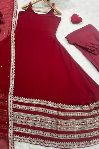 Maroon embroidered zari sequins faux blooming anarkali suit with dupatta