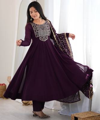 Purple sequence jari work fox georgette anarkali suit with dupatta & pant 1