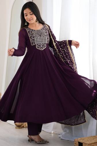 Purple sequence jari work fox georgette anarkali suit with dupatta & pant