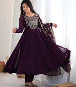 Purple sequence jari work fox georgette anarkali suit with dupatta & pant